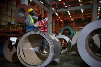 Two Technicians Inspecting Stainless Steel Sheet Metal Two Technicians Inspecting Stainless Steel Sheet Metal